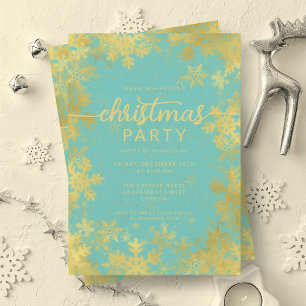 Invitation Festif Gold Turquoise Foil Snowflakes Noël