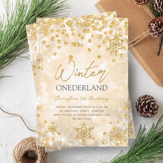 Invitation Festif Gold Winter ONEDERLAND 1er anniversaire
