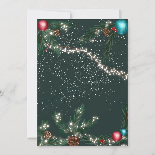 Invitation Festif lumières de Noël branches de pin vert neige (Dos)