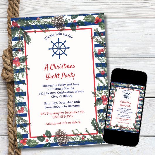 Invitation Festif moderne Bleu rayé Noël Yacht Party