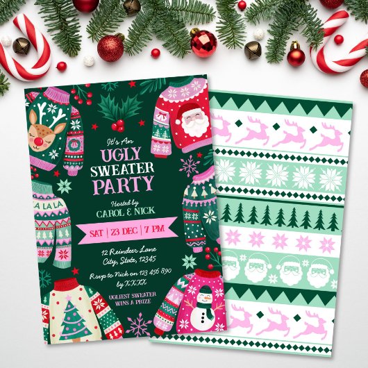 Invitation Festif moderne laide Sweater rouge, vert et rose