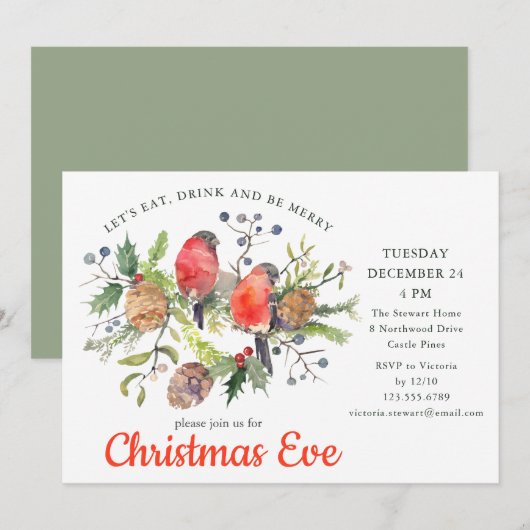 Invitation Festif Noël Eve Aquarelle Bullfinch Floral (Devant / Derrière)