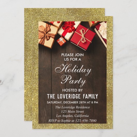 Invitation Festif Noël fête cadeaux Parties scintillant d'or (Devant / Derrière)