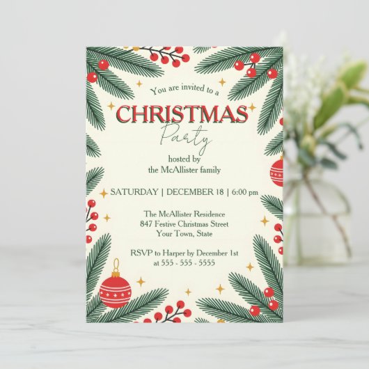 Invitation Festif Pine Branches Red Berries Noël (Debout devant)
