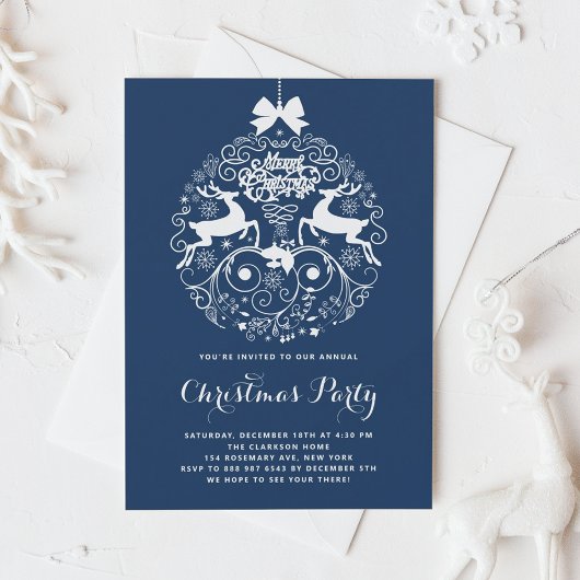 Invitation Festif Reindeer Ornament Blue Christmas Party