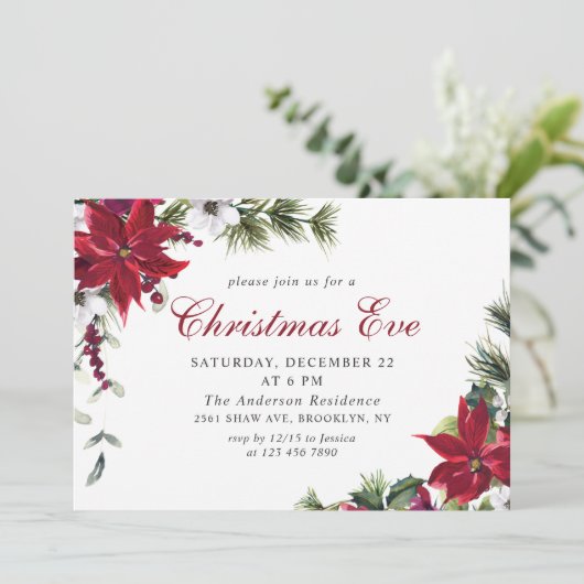 Invitation Festif Rouge Poinsettia fête de Noël (Debout devant)