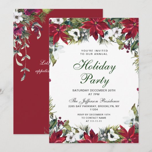 Invitation Festif Rouge Poinsettia Fête de Noël (Devant / Derrière)