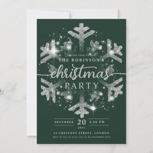 Invitation Festif Silver hiver Flambeau de neige vert Noël (Devant)