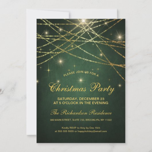 Invitation Festif Sparkling Gold String Lights Green Party (Devant)