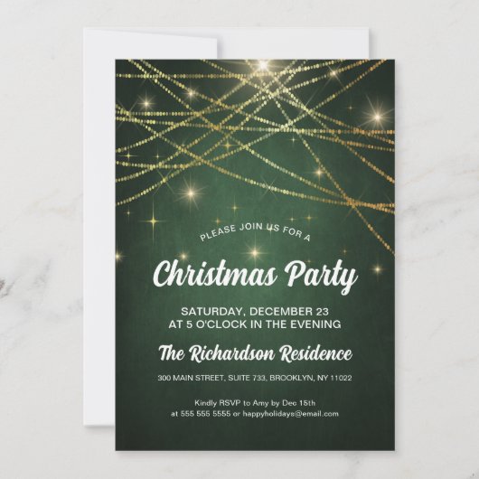 Invitation Festif Sparkling Gold String Lights Green Party (Devant)