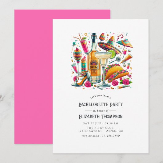 Invitation Festif Tacos & Tequila Fiesta Bachelorette Bash (Devant / Derrière)