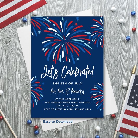 Invitation Festin Fun Patriotic Fireworks 4 juillet Fête