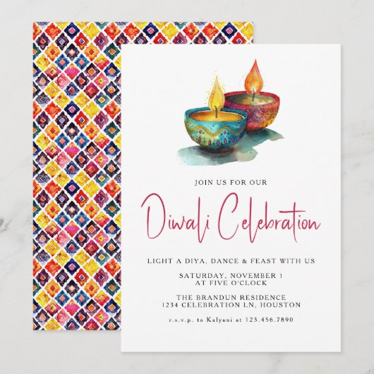 Invitation Festival d'aquarelle moderne Diya Diwali (Devant / Derrière)