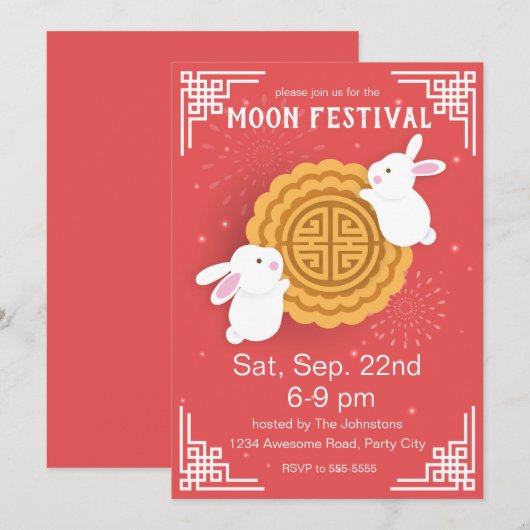 Invitation Festival de Mi-Automne de Cute Bunnies et Mooncake (Devant / Derrière)