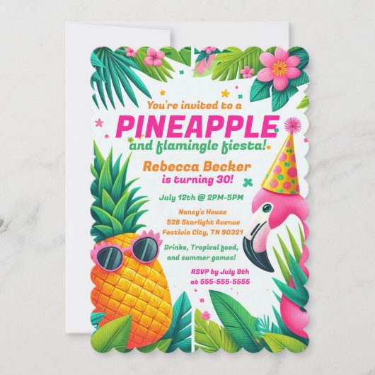 Invitation Festive Anniversaire ananas et Flamant rose Fiesta (Devant)