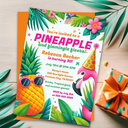 Invitation Festive Anniversaire ananas et Flamant rose Fiesta