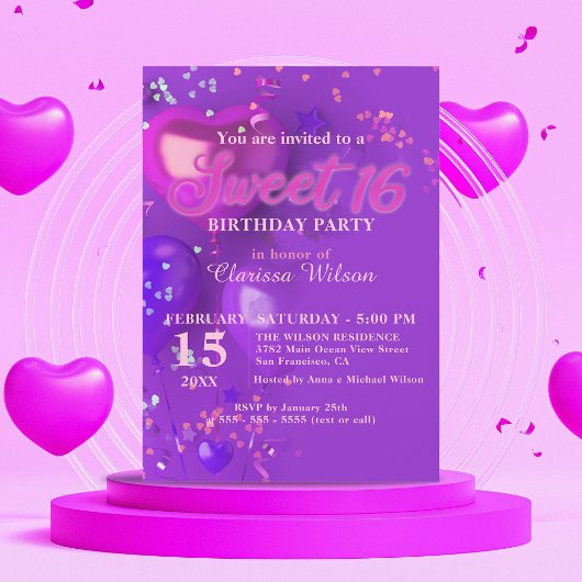 Invitation Festive Ballons violet et rose Confetti Sweet 16