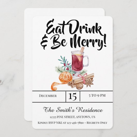 Invitation Festive Boissons Fête Manger Boire & Soyez Joyeux! (Devant / Derrière)