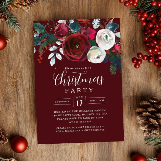 Invitation Festive Burgundy Foliage Christmas Party  