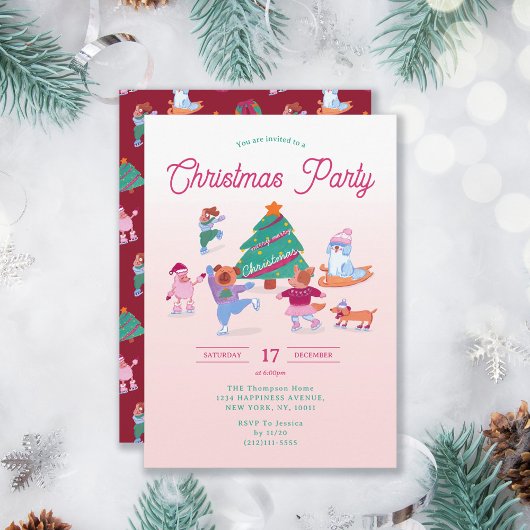 Invitation Festive Chiens mignons Patinage sur glace Patinage