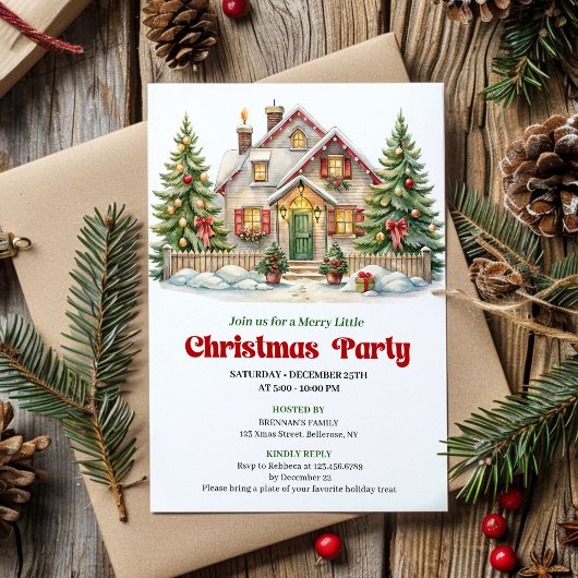Invitation Festive Christmas Scene Red Green Holiday Invite