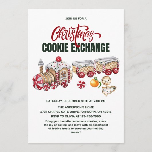 Invitation Festive Christmas Train Cookies Exchange Party (Devant)