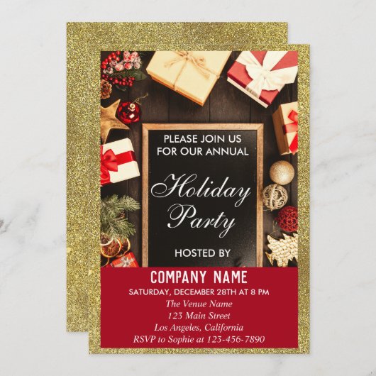Invitation Festive Compagnie Fête de vacances Red & Gold Part (Devant / Derrière)