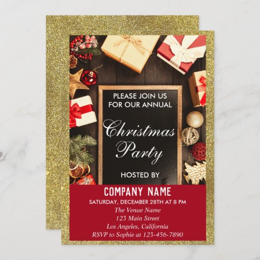 Invitation Festive Compagnie Noël Parties scintillant Rouge & (Devant / Derrière)