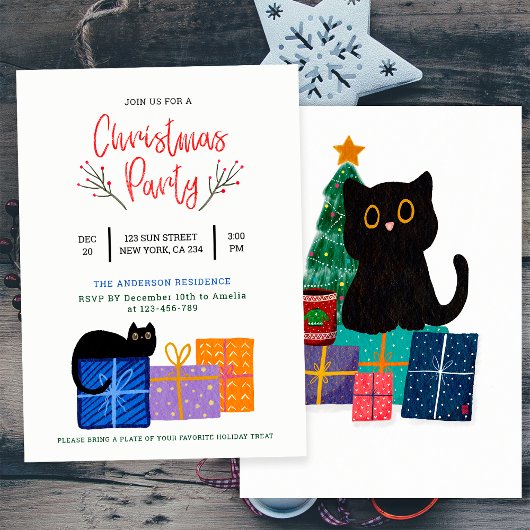 Invitation Festive Cute Black Cat Café Art Noël