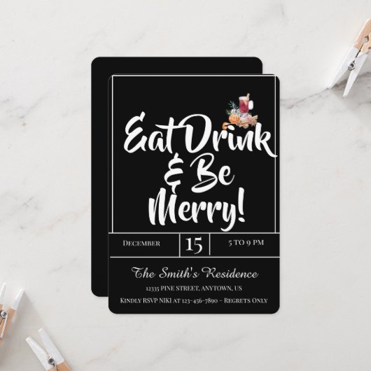 Invitation Festive Cute Drinks Party Manger Boire & Soyez Joy (Devant/Arrière en situation)
