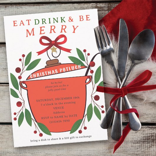 Invitation Festive Eat Drink and Be Merry Christmas Potluck