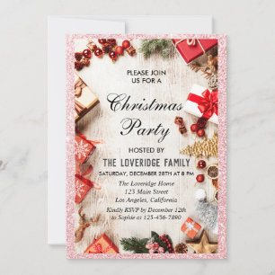 Invitation Festive Fête de Noël Rose Parties scintillant or