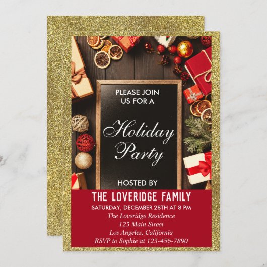 Invitation Festive Fête Noël Parties scintillant Rouge & Or (Devant / Derrière)