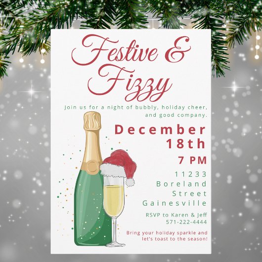 Invitation Festive & Fizzy Holiday Party Champagne Santa Hat