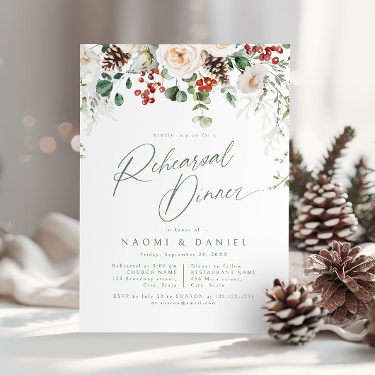 Invitation Festive Floral Winter Wedding Rehearsal Dinner