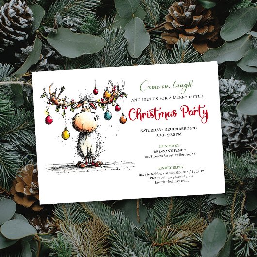 Invitation Festive funny reindeer Christmas party invite