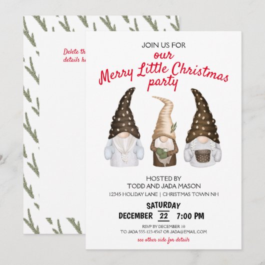 Invitation Festive Gnomes Merry Little Christmas Party (Devant / Derrière)