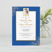 Invitation Festive Gold Blue Grad Photo Graduation Party (Debout devant)