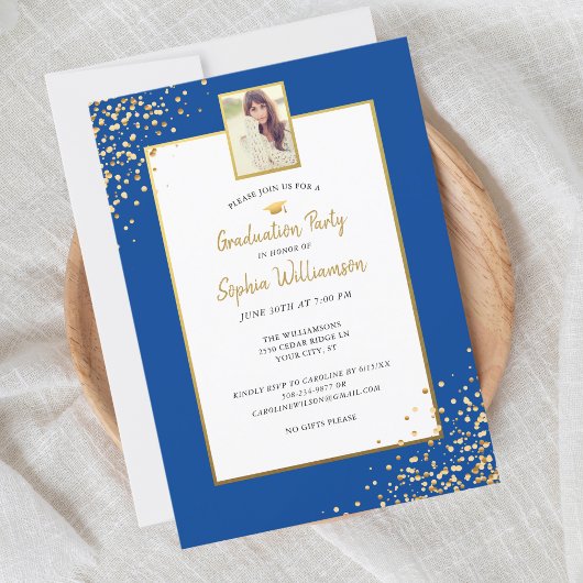 Invitation Festive Gold Blue Grad Photo Graduation Party