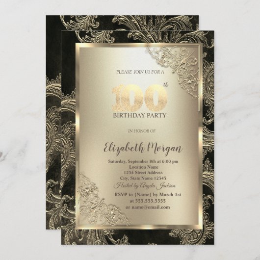Invitation Festive Gold Frame,Floral Damask 100th Birthday (Devant / Derrière)