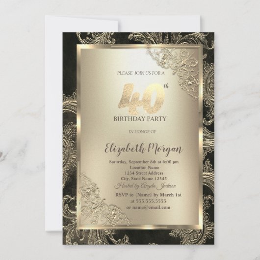 Invitation Festive Gold Frame,Floral Damask 40th Birthday  (Devant)