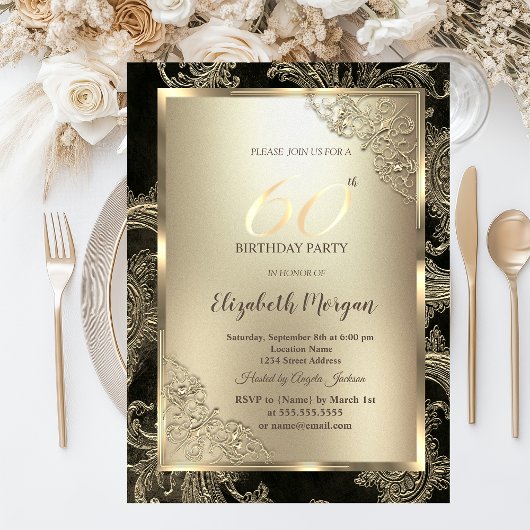 Invitation Festive Gold Frame,Floral Damask 60th Birthday 