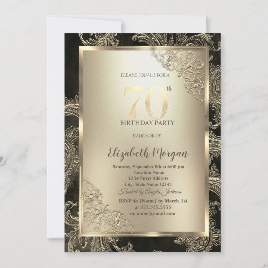 Invitation Festive Gold Frame,Floral Damask 70th Birthday  (Devant)