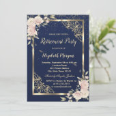 Invitation Festive Gold Frame Marine Blue Flowers Retraite (Debout devant)