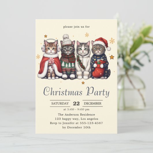 Invitation Festive Holiday Cat | Cute Christmas Cats Party (Debout devant)