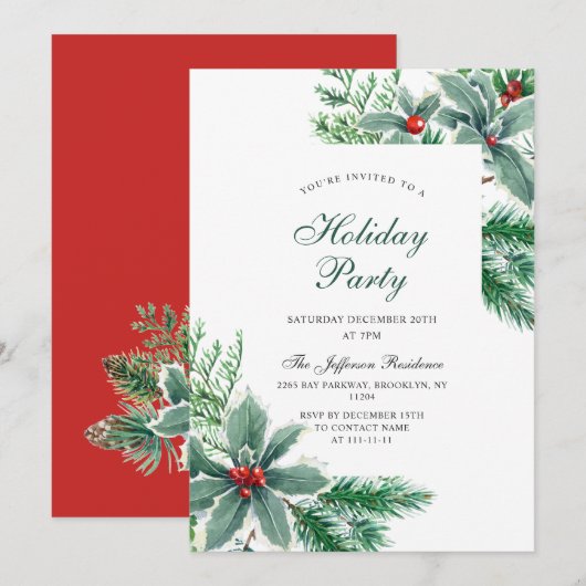 Invitation Festive Holly Berry Branch Fête de Noël (Devant / Derrière)