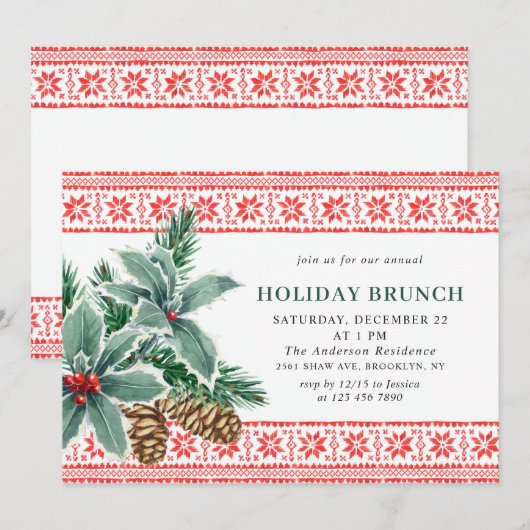 Invitation Festive Holly Berry CHRISTMAS HOLIDAY BRUNCH (Devant / Derrière)
