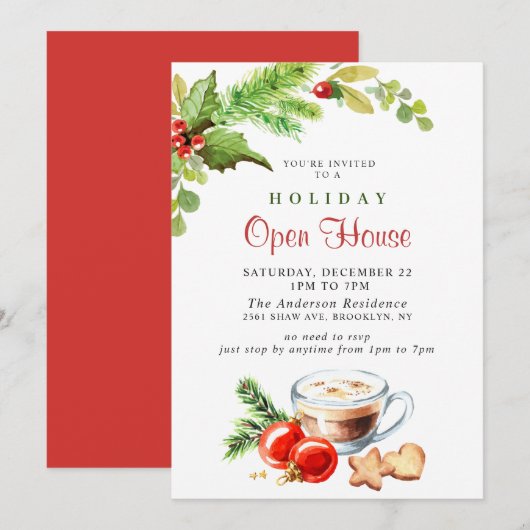 Invitation Festive Holly Berry Christmas Holiday Open House (Devant / Derrière)