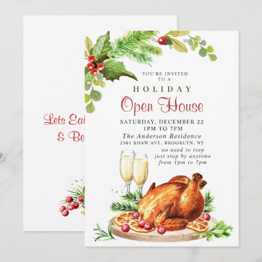Invitation Festive Holly Berry Christmas Holiday Open House (Devant / Derrière)