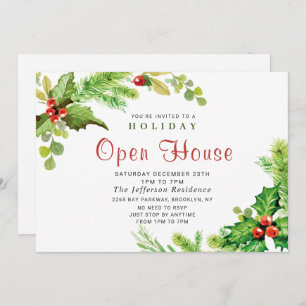 Invitation Festive Holly Berry Christmas Holiday Open House